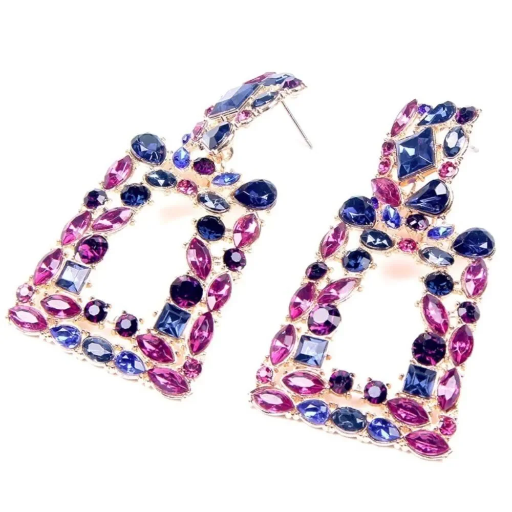 Yellow Gold with Amethyst and Blue Sapphire Crystal Geometric Rectangle Earrings